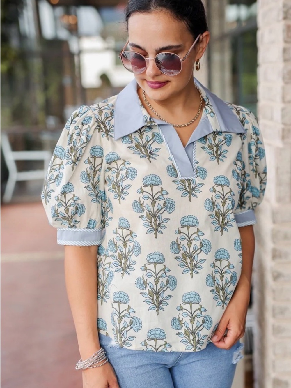 Floral Puff-Sleeve Collared Top - Blue/Cream